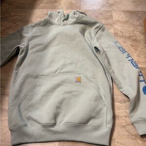 Carhartt Men's Light Green Hoodie with Blue Logo